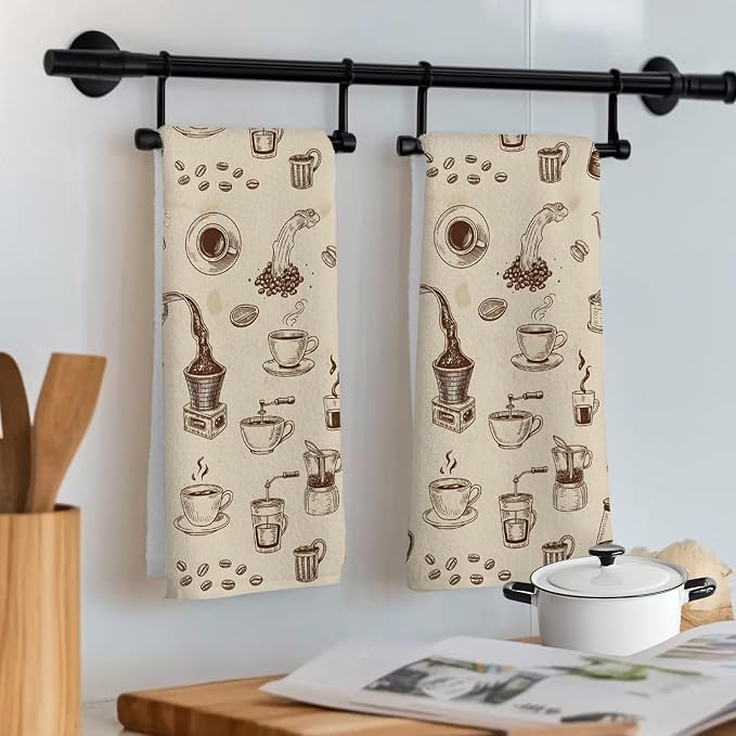 Coffee Kitchen Towel Vintage Coffee Beans Brewing Equipment Linen Texture Quick - Image 7