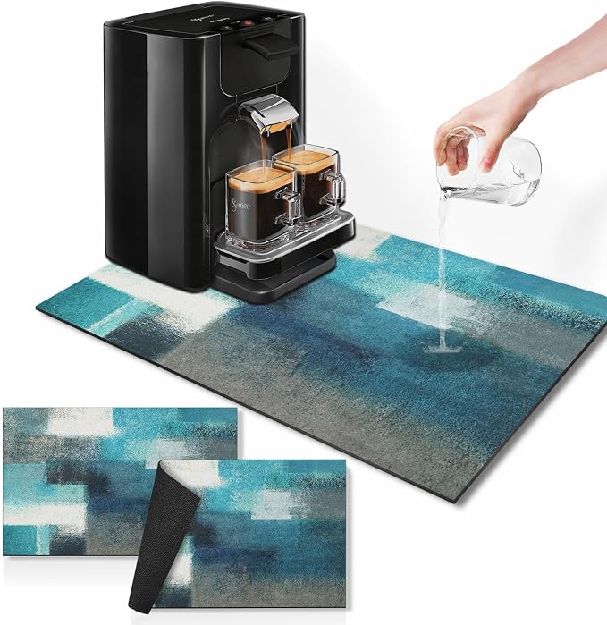 Arttown Coffee Mat for Countertops, Teal White Grey Abstract Modern Dish Drying by Arttown