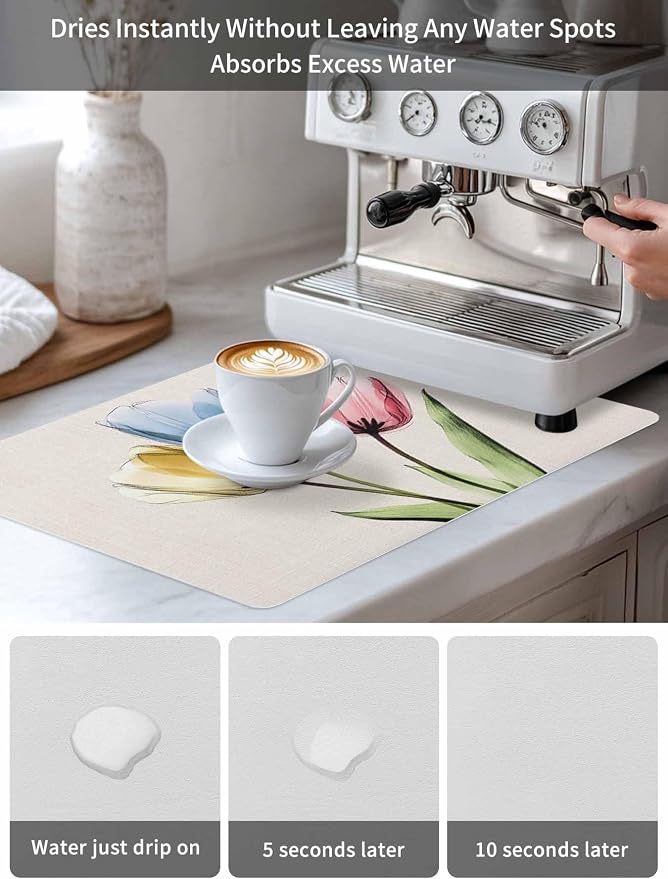 Red Yellow Blue Tulips Coffee Mat Transparent Floral Linen Retro Absorbent Bar - Image 6