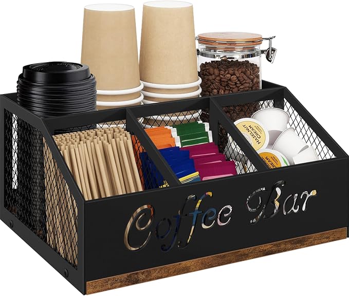 Coffee Station Organizer, Rustic Brown Wooden Countertop Coffee Bar Accessories by BCOZLUX