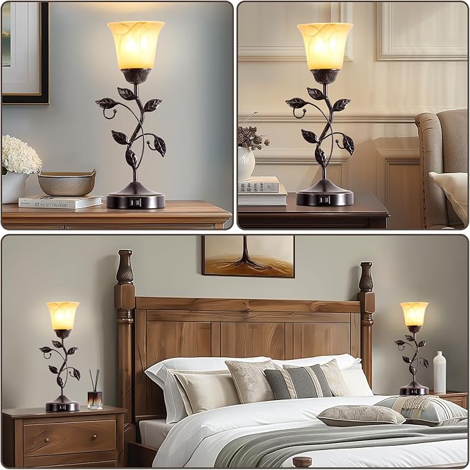 Set of 2 Touch Vintage Bedroom Leaf Table Lamps - Image 4