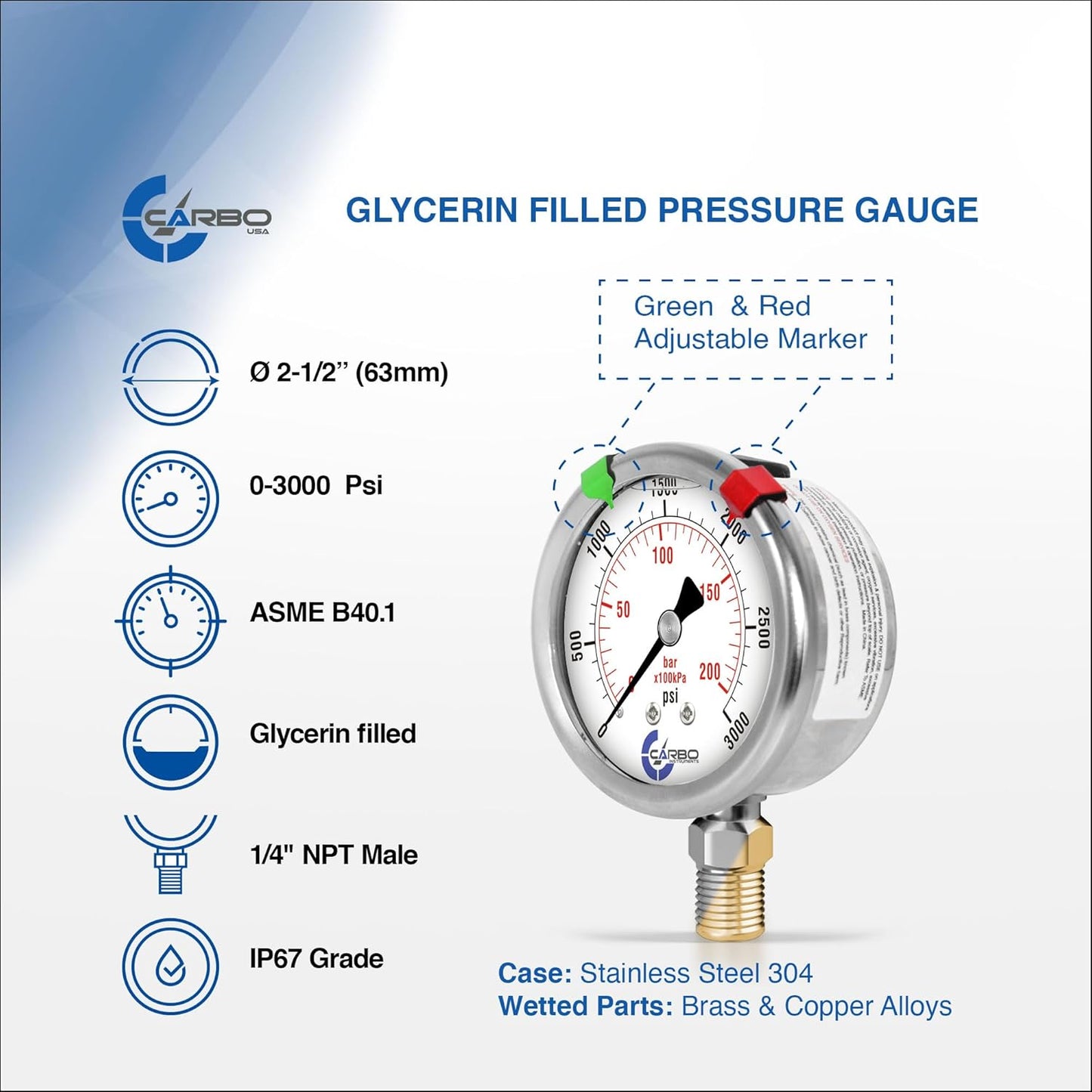 Stainless Steel Pressure Gauge Dual Display (0-3000 psi/kPa) - 2 1-2" Glycerine Liquid Filled Water Air Oil Gas Gauge with Polycarbonate Lens & Brass Connection -1/4" NPT Lower Mount