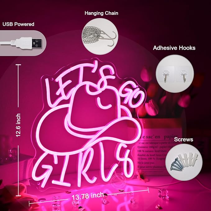 Britrio Cowgirl Hat Let’s Go Girls Neon Sign Hot Pink Led Western Cowboy Neon - Image 3