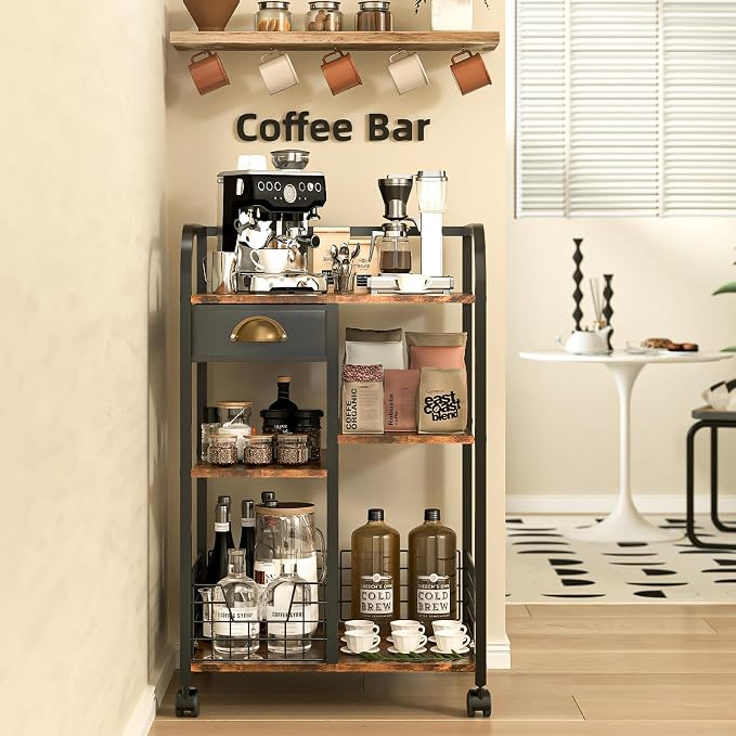 keomaisyto Coffee Cart with Storage Drawer, Coffee Bar Cabinet with Wheels by keomaisyto