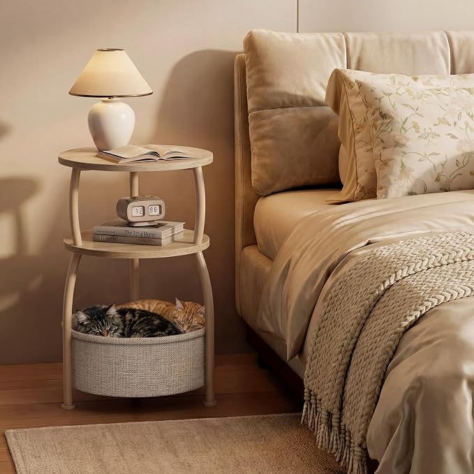 Round Side Table with Storage Basket, End Table Living Room | 3-Tier Bedside - Image 4