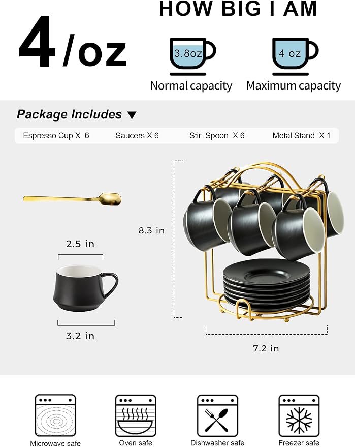 YHOSSEUN Ceramic Espresso Cups Set of 6, 4 OZ Expresso Shots Cup - Image 2