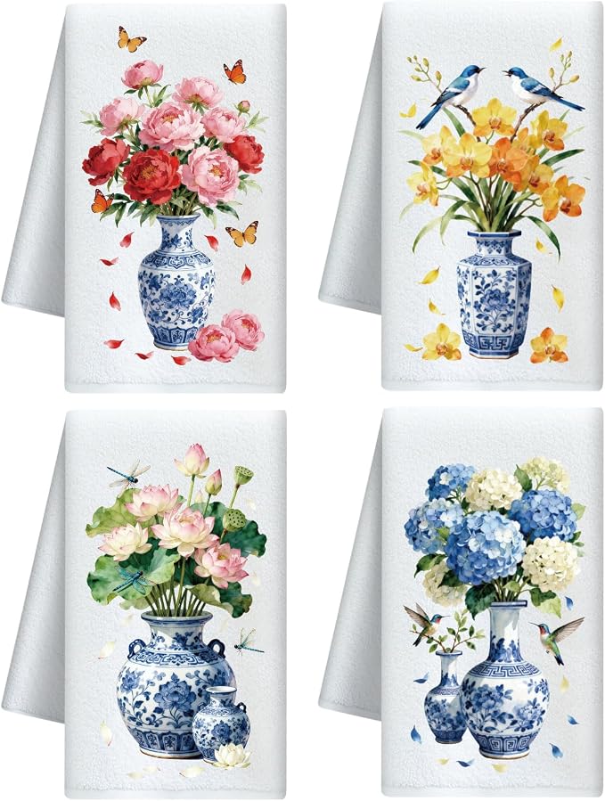 CUTHOLLOW Chinese Porcelain and Flowers Decorative Kitchen Towels Set of 4 by CUTHOLLOW