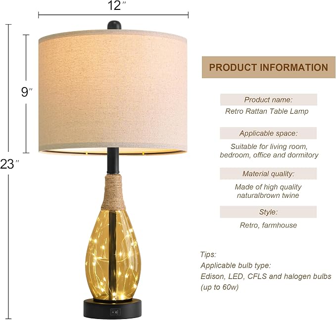 OYEARS 23" Table Lamps for Living Room Set of 2 Bedside Lamps for Night Stands - Image 6