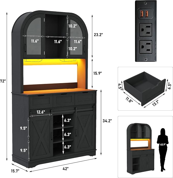 72" Tall Arched Pantry Cabinet w/Power Outlet, LED Lights, 3 Drawers, Glass Door - Image 2