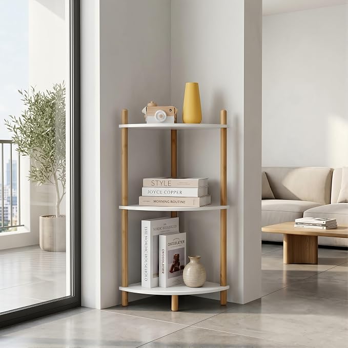3-Tier Expandable Bamboo Corner Shelf Stand, Corner Bookshelf, Display Storage - Image 4