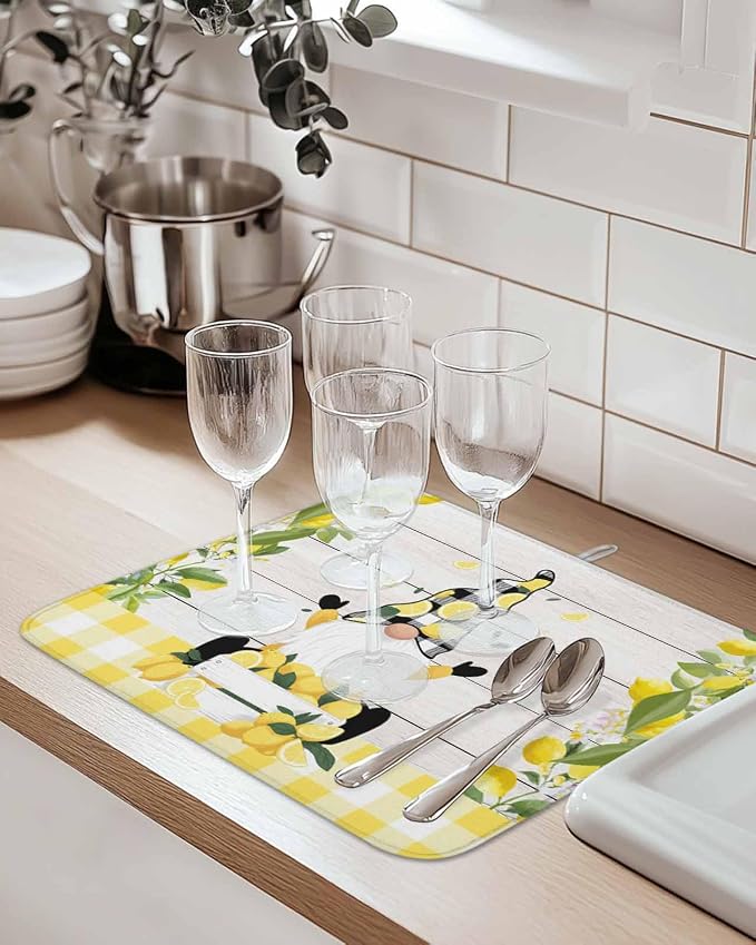 Lemon Dwarfs Dish Drying Mat 16x18 inch Gnome Green Leaf Wood Striped Black - Image 2