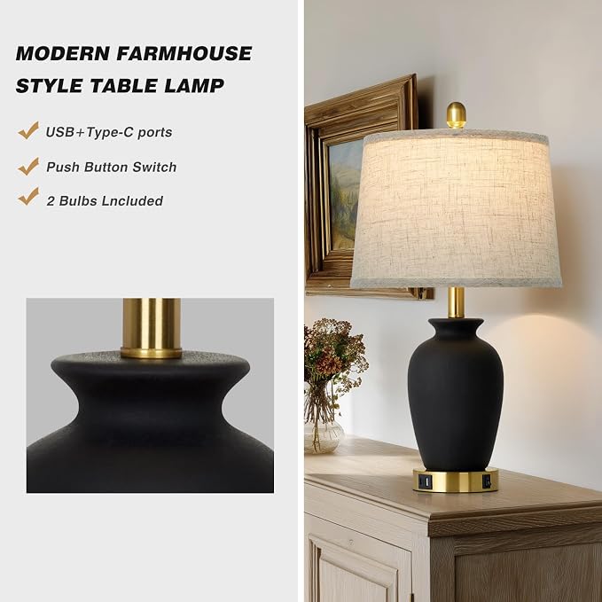 Cinkeda 23" Set of 2 Black Ceramic Farmhouse Table Lamp - Image 5