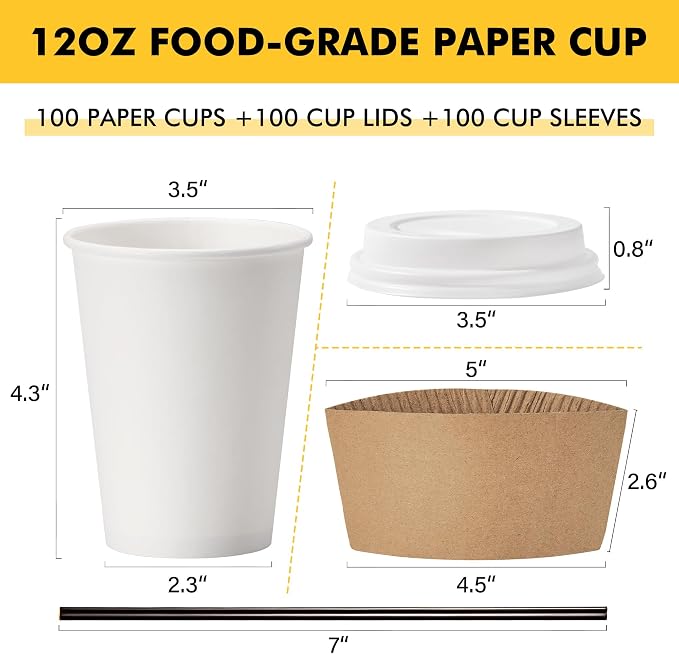 RACETOP 12 oz Paper Coffee Cups, 100 Pack Disposable Coffee Cups - Image 2