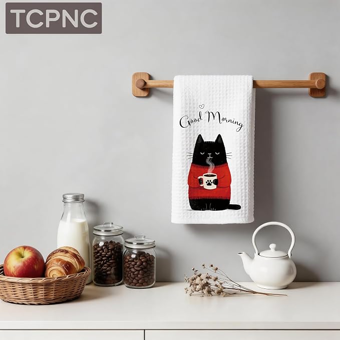 Cute Coffee Black Cat Hand Towel, Funny Black Cat Kitchen Towel - Image 5