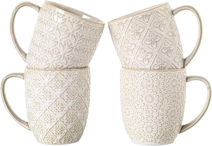Coffee Mugs Set of 4, 16 Oz Ceramic Coffee Mugs, Large Porcelain Embossed Cups by FEENMAICeramicHome