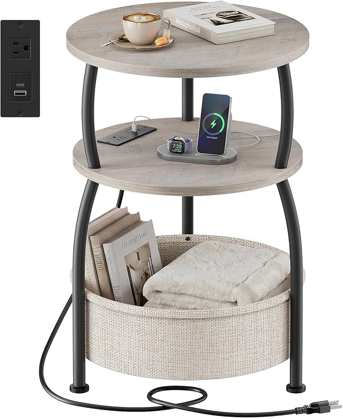 Round Side Table with Charging Station, USB Type C Port, Greige | End Table by designyourhome