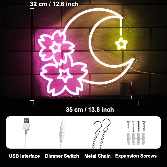 Sakura Moon Star Neon Signs for Wall Decor Cherry Blossom Neon Light Dimmable - Image 4