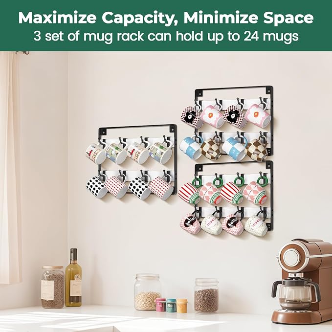 EsLuker.ly Mug Holder Hanger Rack Wall Mounted Wooden 3 Pack Coffee Cup Storage - Image 3