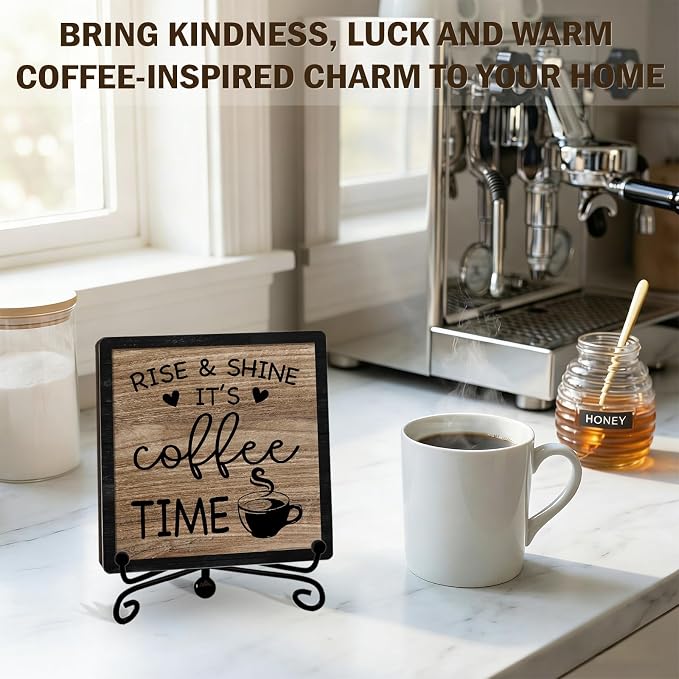 Funny Coffee Bar Decor, Rise & Shine It's Coffee Time Wood Plaque - Image 3