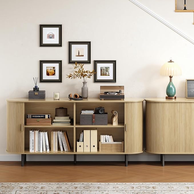 Buffet Cabinet with Storage, Fluted Sideboard Buffet with Sliding Door - Image 8