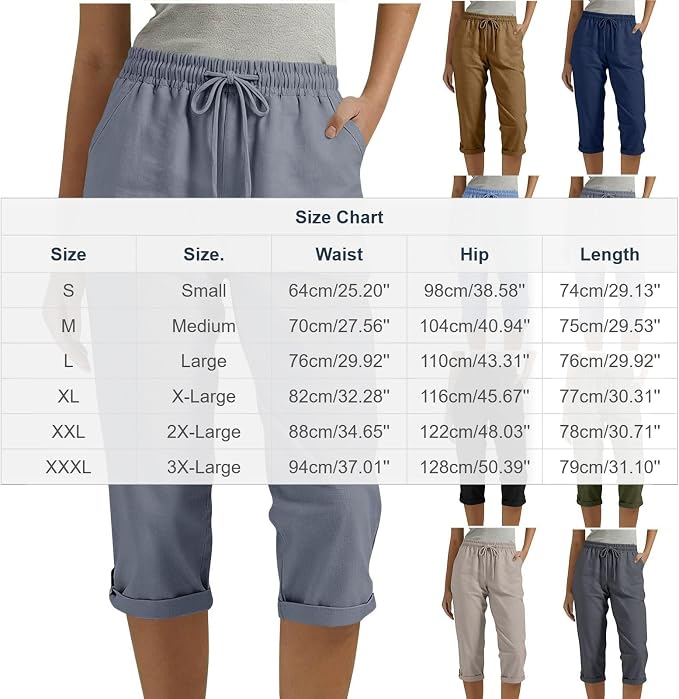 Drawstring Capri Linen Pants Women Elastic Waist Straight Leg Pant Summer Beach - Image 4