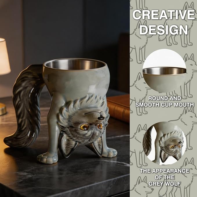 2-IN-1 Gray Wolf Coffee Mug – Funny 3D Animal Novelty Cup Unique Inverted - Image 3