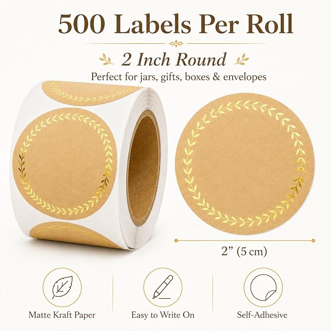IBAKE 500 Kraft Canning Labels, 2 Inch Round Sticker Labels, Round Labels - Image 2