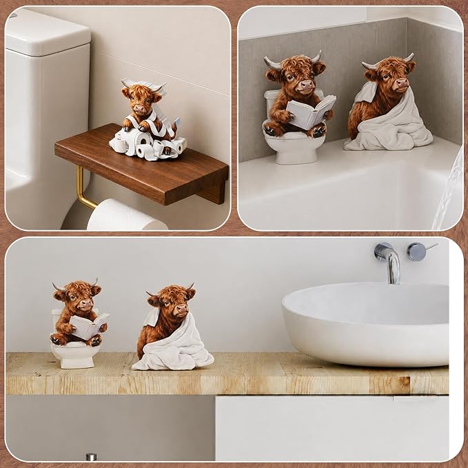 3 Pcs Funny Highland Cow Bathroom Decor Set, Highland Cow Decor Wooden Tabletop - Image 6