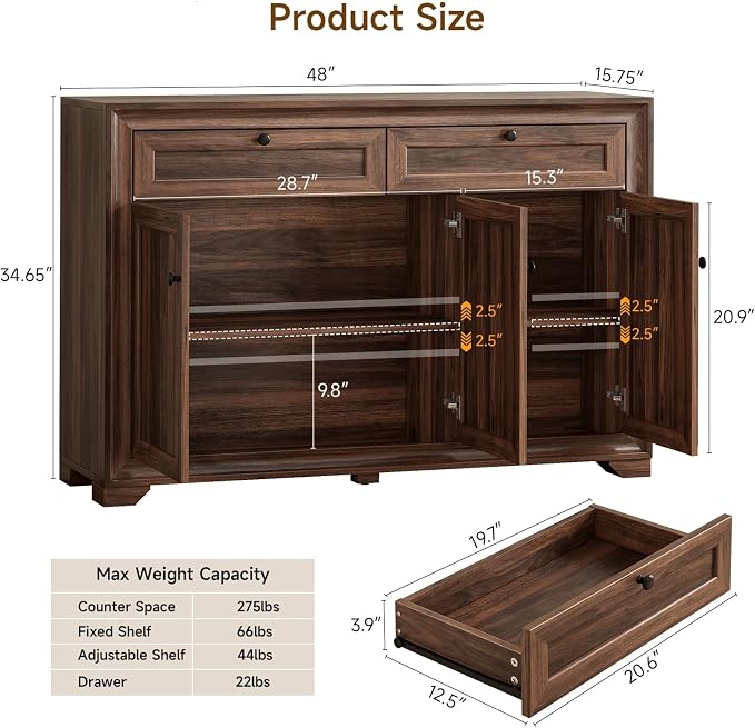 48 Inches Buffet Cabinet with Storage, Farmhouse Sideboard Buffet w/2 Drawers - Image 2