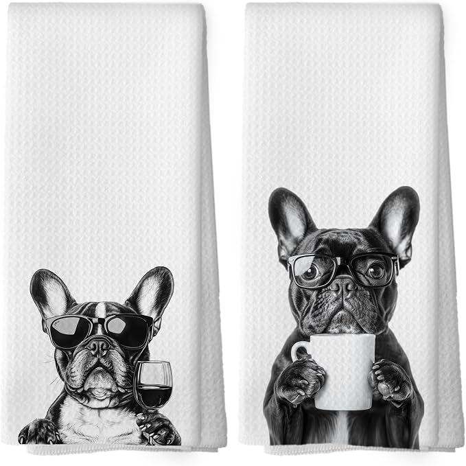 Funny French Bulldog Kitchen Towels Set of 2, Coffee Station Wine Bar Decor by Mcehtle
