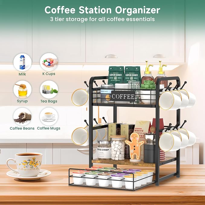 EsLuker.ly Coffee Bar Organizer Station Shelf Mug Holder, 3 Tier Coffee Cup - Image 3