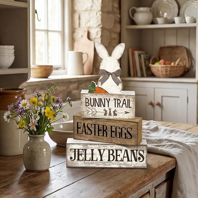 Lineshading 4 Pcs Easter Table Decoration Wooden Rabbit Easter Day Tiered Tray - Image 2