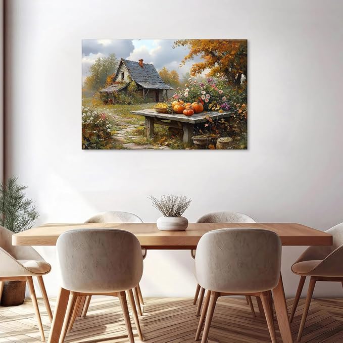 Large Country Autumn Landscape Wall Art Fall Pumpkin Picture Canvas Prints - Image 3