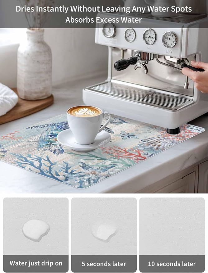 Coastal Turtle Coffee Mat For Countertop Coffee Bar Accessories, Absorbent - Image 8