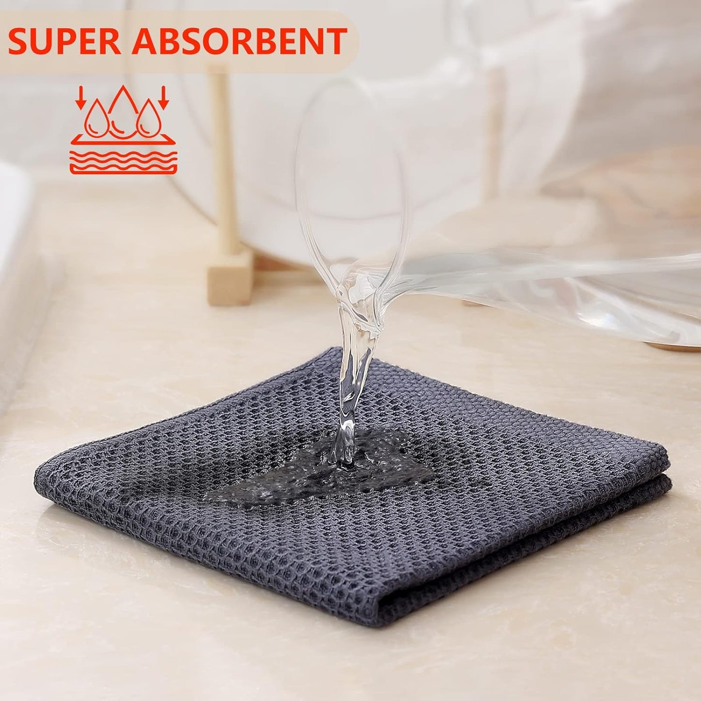 Kitinjoy 100% Cotton Kitchen Dish Cloths, 6 Pack Waffle Weave Ultra Soft Absorbent Dish Towels for Drying Dishes Quick Drying Kitchen Towels Dish Rags, 12 X 12 Inches, Dark Grey