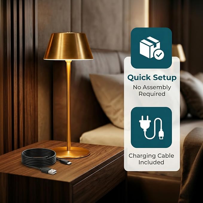 Gold Cordless Table Lamp, Premium All-Metal Brushed Wireless Rechargeable Lamp - Image 5