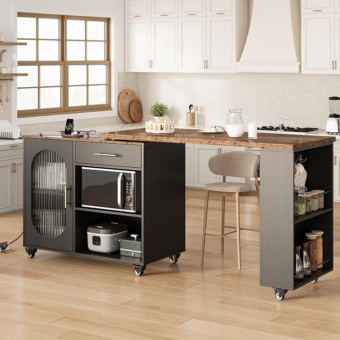 HSH Kitchen Island with Storage & Power Outlet, Rolling Kitchen Island Cart - Image 2