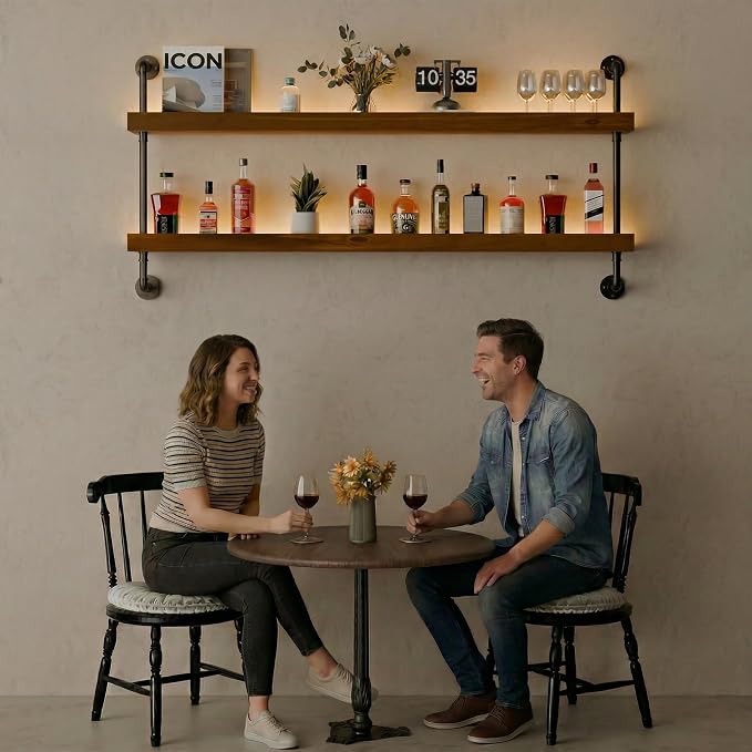Wall Mounted Wine Rack with LED Light, LED Industrial Pipe Wine Shelf, 2-Tier - Image 7
