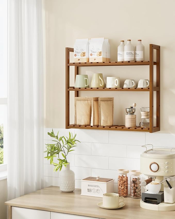 SONGMICS Bamboo Bathroom Shelf, 3-Tier Adjustable Plants Rack, Wall-Mounted or - Image 2