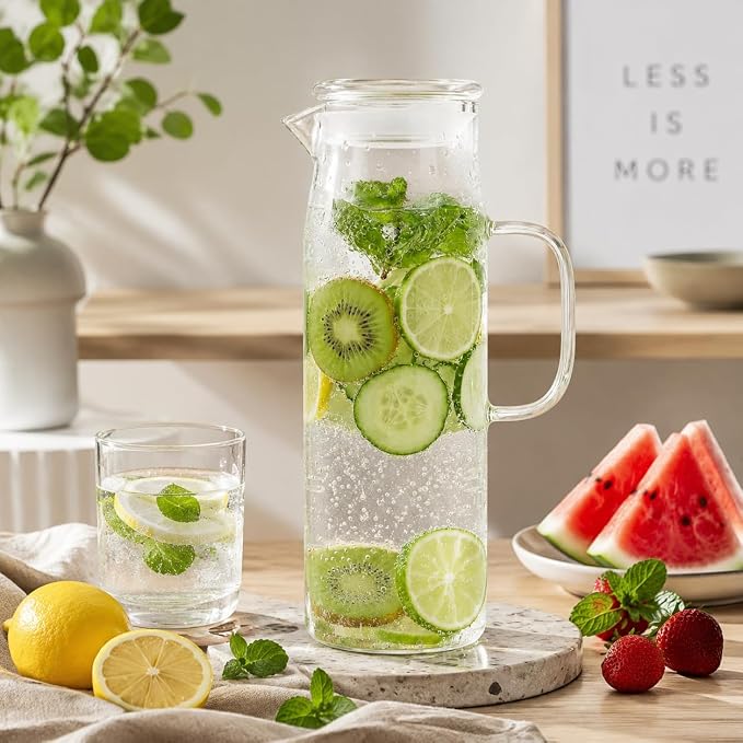hjn Glass Pitcher with Lid Glass Water Carafe with Handle, Fridge Water Jug - Image 2