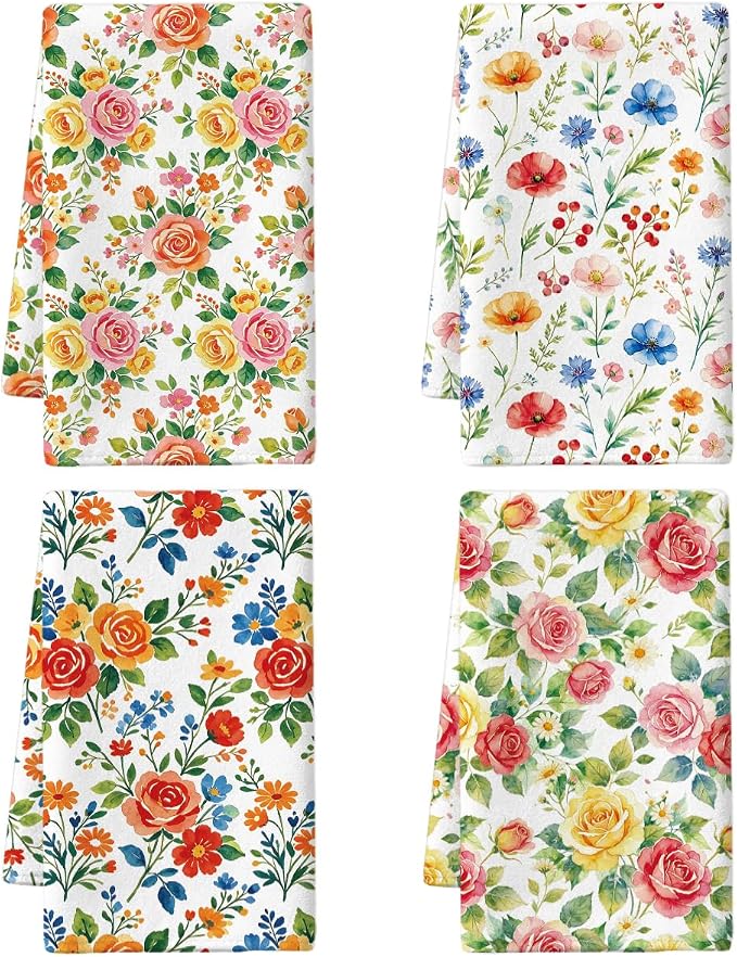 MAYJOYDIY 4 Pcs Vibrant Flowers Kitchen Towels Roses Daisy Wildflowers by MAYJOYDIY