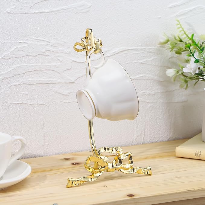 Reallnaive Brass Tea Cup and Saucer Display Stand Vintage Bow Teacup Holders - Image 6