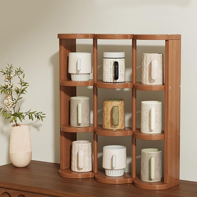 Wooden Coffee Mug Display Rack, Freestanding Grid Vintage Coffee Cup Display - Image 3