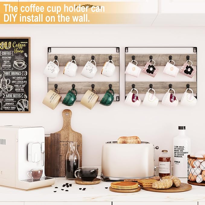 IBUYKE Wall-Mounted Mug Rack Set of 3, 24-Hook Large Coffee Display Organizer - Image 2