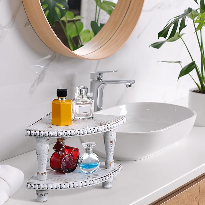 Kigley 2 Tiered Corner Riser for Kitchen Counter Wood Beaded Corner Shelf White - Image 7