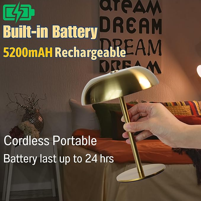 Portable LED Mushroom Table Lamp, 8.46'' Metal Small Cordless Desk Night Light - Image 4