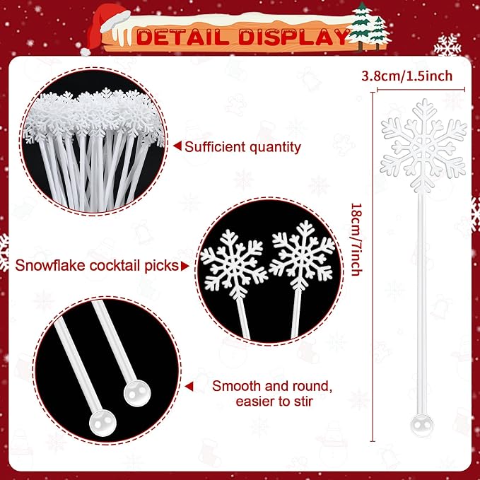 36 Pcs Christmas Drink Stirrers, Snowflake Cocktail Stirrers Plastic Swizzle - Image 2