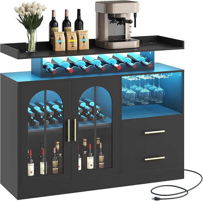Wine Bar Cabinet with LED Lights & Charging, Modern Liquor Cabinets with 2 by STHYTON