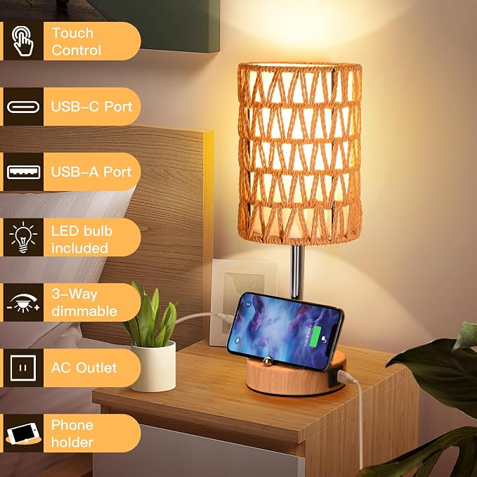 Rattan Table Lamps for Living Room, 3 Way Dimmable Touch Lamps, Small Bedside - Image 2