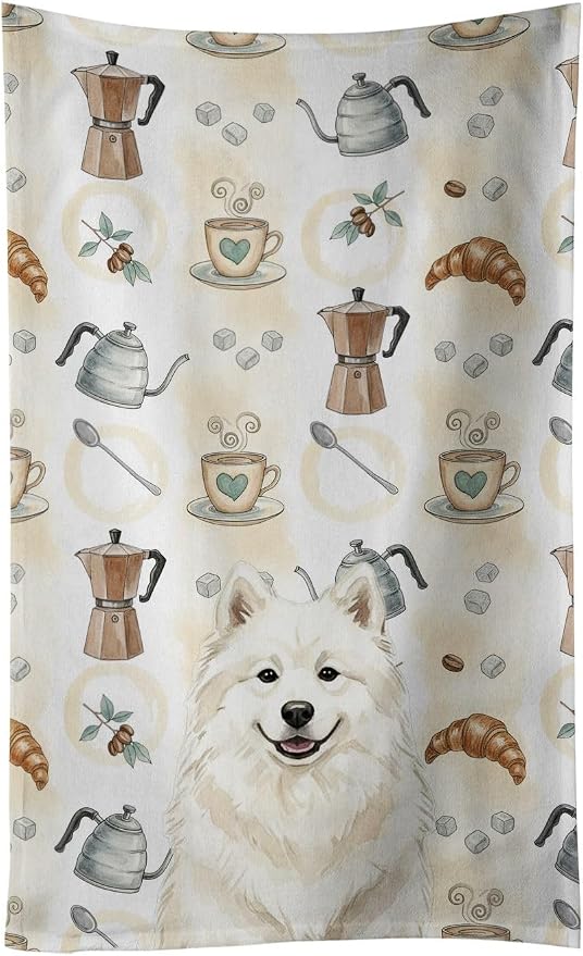Caroline's Treasures Cream Samoyed Coffee Bar Kitchen Towel Velour Plush Front by CarolinesTreasures